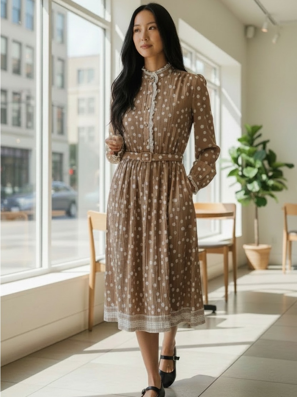 Vintage Brown Polka Dot Midi Dress